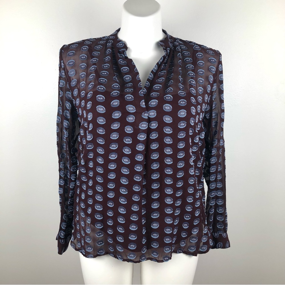 LOFT Maroon & Blue Long Sleeve V-Neck Blouse Lightweight L